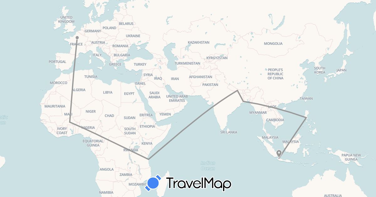 TravelMap itinerary: driving, plane in Burkina Faso, France, Indonesia, India, Nepal, Philippines, Tanzania (Africa, Asia, Europe)